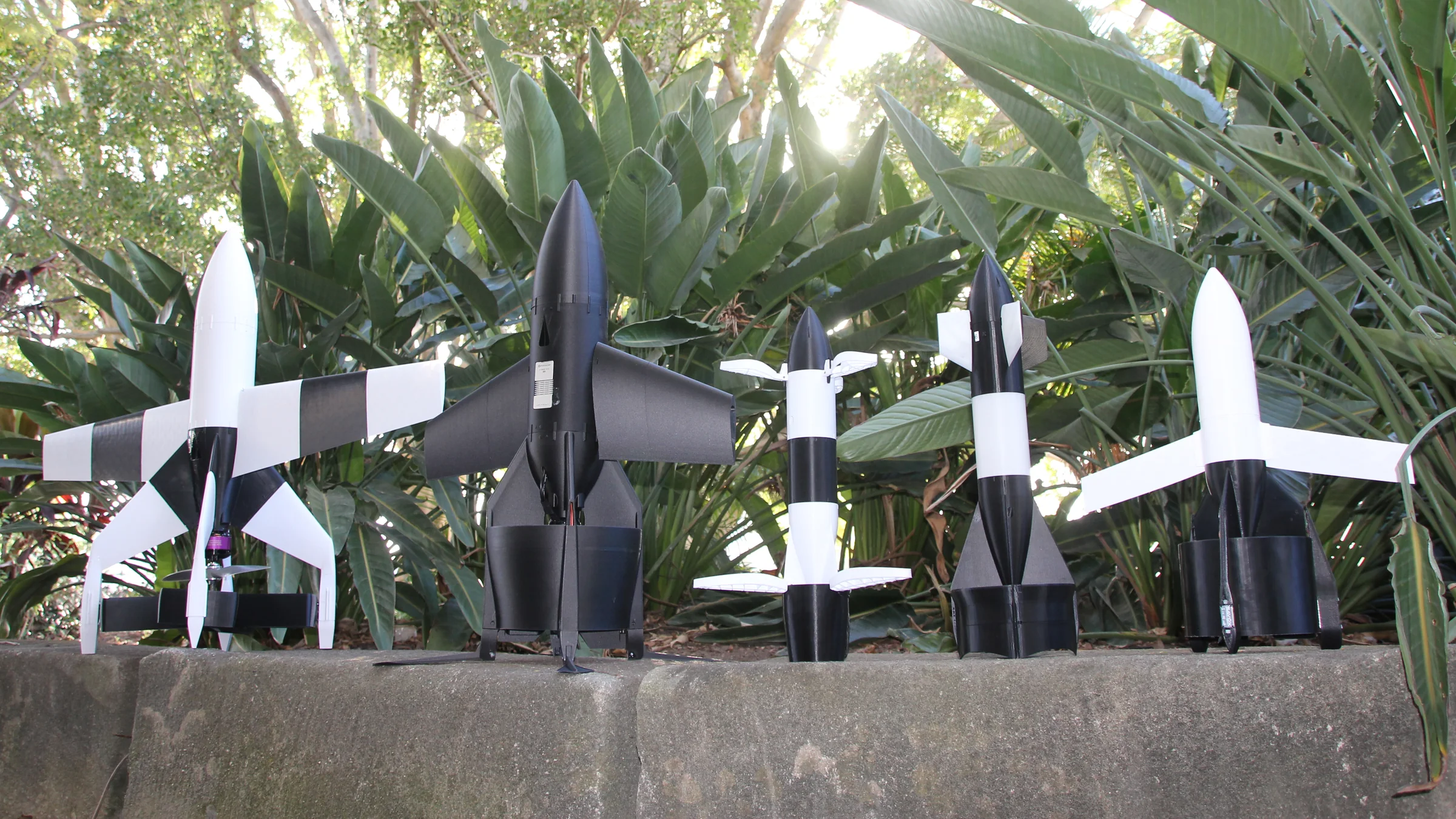 The Rocket Fast Drones EP aircraft family lined up outdoors